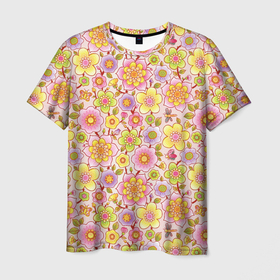 Мужская футболка 3D с принтом Цветы бабочки и стрекозы на розовом в Петрозаводске, 100% полиэфир | прямой крой, круглый вырез горловины, длина до линии бедер | 