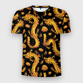 Мужская футболка 3D Slim с принтом Golden dragons в Новосибирске, 100% полиэстер с улучшенными характеристиками | приталенный силуэт, круглая горловина, широкие плечи, сужается к линии бедра | 
