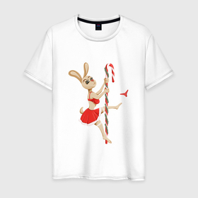 Мужская футболка хлопок с принтом Новогодний стриптиз от зайки в Белгороде, 100% хлопок | прямой крой, круглый вырез горловины, длина до линии бедер, слегка спущенное плечо. | 