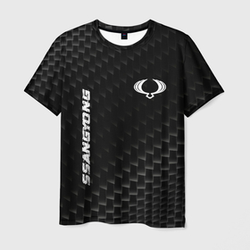 Мужская футболка 3D с принтом SsangYong карбоновый фон в Кировске, 100% полиэфир | прямой крой, круглый вырез горловины, длина до линии бедер | 