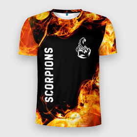 Мужская футболка 3D Slim с принтом Scorpions и пылающий огонь в Санкт-Петербурге, 100% полиэстер с улучшенными характеристиками | приталенный силуэт, круглая горловина, широкие плечи, сужается к линии бедра | 