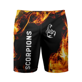 Мужские шорты спортивные с принтом Scorpions и пылающий огонь в Белгороде,  |  | Тематика изображения на принте: 