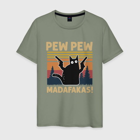 Мужская футболка хлопок с принтом Кот с пистолетами   Madafakas в Екатеринбурге, 100% хлопок | прямой крой, круглый вырез горловины, длина до линии бедер, слегка спущенное плечо. | 