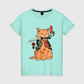Женская футболка хлопок с принтом Японский Кот Якудза в Петрозаводске, 100% хлопок | прямой крой, круглый вырез горловины, длина до линии бедер, слегка спущенное плечо | 