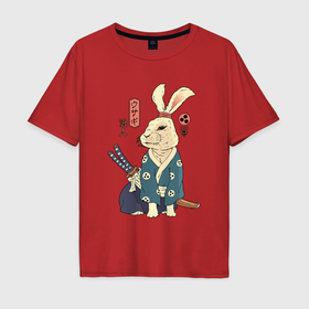 Мужская футболка хлопок Oversize с принтом Кролик самурай с мечом в Белгороде, 100% хлопок | свободный крой, круглый ворот, “спинка” длиннее передней части | Тематика изображения на принте: 