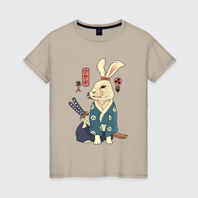 Женская футболка хлопок с принтом Кролик самурай с мечом в Екатеринбурге, 100% хлопок | прямой крой, круглый вырез горловины, длина до линии бедер, слегка спущенное плечо | 