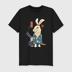 Мужская футболка хлопок Slim с принтом Кролик самурай с мечом , 92% хлопок, 8% лайкра | приталенный силуэт, круглый вырез ворота, длина до линии бедра, короткий рукав | 