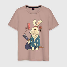 Мужская футболка хлопок с принтом Кролик самурай с мечом в Кировске, 100% хлопок | прямой крой, круглый вырез горловины, длина до линии бедер, слегка спущенное плечо. | 