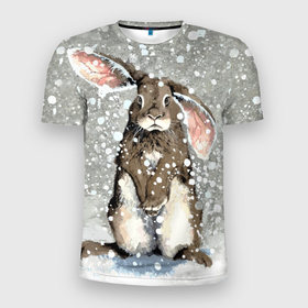 Мужская футболка 3D Slim с принтом Кролик Снежок Милый , 100% полиэстер с улучшенными характеристиками | приталенный силуэт, круглая горловина, широкие плечи, сужается к линии бедра | Тематика изображения на принте: 