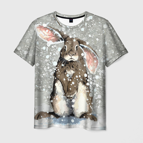 Мужская футболка 3D с принтом Кролик Снежок Милый в Курске, 100% полиэфир | прямой крой, круглый вырез горловины, длина до линии бедер | 