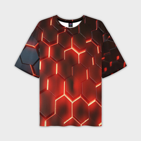 Мужская футболка OVERSIZE 3D с принтом Светящиеся красным светом шестиугольники в Екатеринбурге,  |  | Тематика изображения на принте: 
