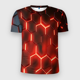 Мужская футболка 3D Slim с принтом Светящиеся красным светом шестиугольники в Екатеринбурге, 100% полиэстер с улучшенными характеристиками | приталенный силуэт, круглая горловина, широкие плечи, сужается к линии бедра | Тематика изображения на принте: 