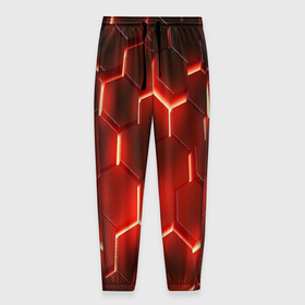 Мужские брюки 3D с принтом Светящиеся красным светом шестиугольники в Екатеринбурге, 100% полиэстер | манжеты по низу, эластичный пояс регулируется шнурком, по бокам два кармана без застежек, внутренняя часть кармана из мелкой сетки | Тематика изображения на принте: 