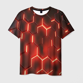 Мужская футболка 3D с принтом Светящиеся красным светом шестиугольники в Екатеринбурге, 100% полиэфир | прямой крой, круглый вырез горловины, длина до линии бедер | Тематика изображения на принте: 