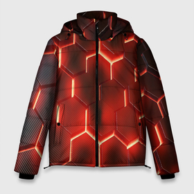 Мужская зимняя куртка 3D с принтом Светящиеся красным светом шестиугольники в Екатеринбурге, верх — 100% полиэстер; подкладка — 100% полиэстер; утеплитель — 100% полиэстер | длина ниже бедра, свободный силуэт Оверсайз. Есть воротник-стойка, отстегивающийся капюшон и ветрозащитная планка. 

Боковые карманы с листочкой на кнопках и внутренний карман на молнии. | Тематика изображения на принте: 