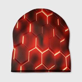 Шапка 3D с принтом Светящиеся красным светом шестиугольники в Екатеринбурге, 100% полиэстер | универсальный размер, печать по всей поверхности изделия | Тематика изображения на принте: 