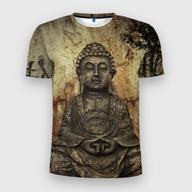Мужская футболка 3D Slim с принтом Статуя Будды в Тюмени, 100% полиэстер с улучшенными характеристиками | приталенный силуэт, круглая горловина, широкие плечи, сужается к линии бедра | Тематика изображения на принте: 