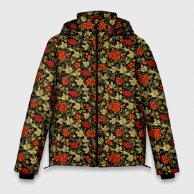 Мужская зимняя куртка 3D с принтом Хохлома   красные ягоды , верх — 100% полиэстер; подкладка — 100% полиэстер; утеплитель — 100% полиэстер | длина ниже бедра, свободный силуэт Оверсайз. Есть воротник-стойка, отстегивающийся капюшон и ветрозащитная планка. 

Боковые карманы с листочкой на кнопках и внутренний карман на молнии. | 