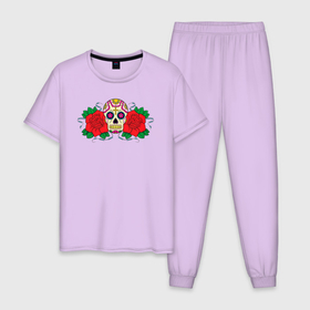 Мужская пижама хлопок с принтом Мексиканский череп и розы в Екатеринбурге, 100% хлопок | брюки и футболка прямого кроя, без карманов, на брюках мягкая резинка на поясе и по низу штанин
 | 