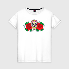 Женская футболка хлопок с принтом Мексиканский череп и розы в Курске, 100% хлопок | прямой крой, круглый вырез горловины, длина до линии бедер, слегка спущенное плечо | 