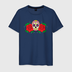 Мужская футболка хлопок с принтом Мексиканский череп и розы в Новосибирске, 100% хлопок | прямой крой, круглый вырез горловины, длина до линии бедер, слегка спущенное плечо. | Тематика изображения на принте: 