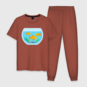 Мужская пижама хлопок с принтом Аквариум и золотые рыбки в Санкт-Петербурге, 100% хлопок | брюки и футболка прямого кроя, без карманов, на брюках мягкая резинка на поясе и по низу штанин
 | 