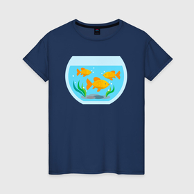 Женская футболка хлопок с принтом Аквариум и золотые рыбки в Тюмени, 100% хлопок | прямой крой, круглый вырез горловины, длина до линии бедер, слегка спущенное плечо | 