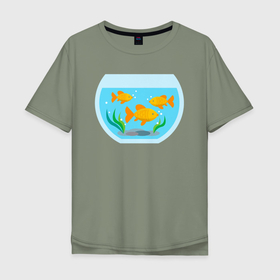 Мужская футболка хлопок Oversize с принтом Аквариум и золотые рыбки , 100% хлопок | свободный крой, круглый ворот, “спинка” длиннее передней части | 