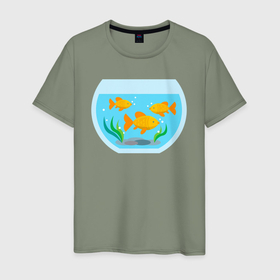 Мужская футболка хлопок с принтом Аквариум и золотые рыбки , 100% хлопок | прямой крой, круглый вырез горловины, длина до линии бедер, слегка спущенное плечо. | 