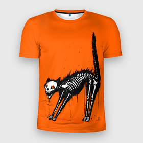 Мужская футболка 3D Slim с принтом Котик скелетик   Хеллоуин в Белгороде, 100% полиэстер с улучшенными характеристиками | приталенный силуэт, круглая горловина, широкие плечи, сужается к линии бедра | 