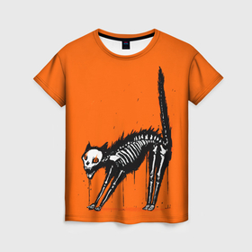 Женская футболка 3D с принтом Котик скелетик   Хеллоуин , 100% полиэфир ( синтетическое хлопкоподобное полотно) | прямой крой, круглый вырез горловины, длина до линии бедер | 
