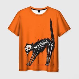 Мужская футболка 3D с принтом Котик скелетик   Хеллоуин в Белгороде, 100% полиэфир | прямой крой, круглый вырез горловины, длина до линии бедер | 