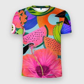 Мужская футболка 3D Slim с принтом Цветочный, фруктовый, тропический паттерн в Петрозаводске, 100% полиэстер с улучшенными характеристиками | приталенный силуэт, круглая горловина, широкие плечи, сужается к линии бедра | 