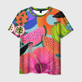 Мужская футболка 3D с принтом Цветочный, фруктовый, тропический паттерн в Курске, 100% полиэфир | прямой крой, круглый вырез горловины, длина до линии бедер | 