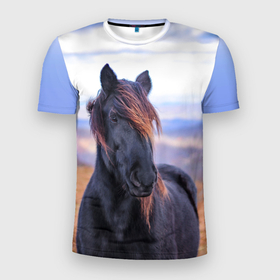 Мужская футболка 3D Slim с принтом Черный конь в Петрозаводске, 100% полиэстер с улучшенными характеристиками | приталенный силуэт, круглая горловина, широкие плечи, сужается к линии бедра | 