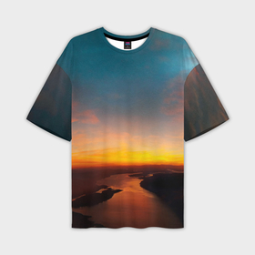 Мужская футболка OVERSIZE 3D с принтом Горная река на фоне заката в Новосибирске,  |  | Тематика изображения на принте: 