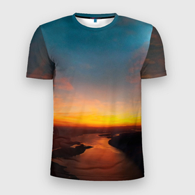 Мужская футболка 3D Slim с принтом Горная река на фоне заката в Новосибирске, 100% полиэстер с улучшенными характеристиками | приталенный силуэт, круглая горловина, широкие плечи, сужается к линии бедра | Тематика изображения на принте: 