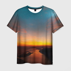 Мужская футболка 3D с принтом Горная река на фоне заката в Новосибирске, 100% полиэфир | прямой крой, круглый вырез горловины, длина до линии бедер | 
