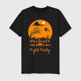 Мужская футболка хлопок Slim с принтом Добро пожаловать на halloween night party в Курске, 92% хлопок, 8% лайкра | приталенный силуэт, круглый вырез ворота, длина до линии бедра, короткий рукав | 