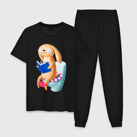Мужская пижама хлопок с принтом Собачка с книжкой сидит на унитазе в Кировске, 100% хлопок | брюки и футболка прямого кроя, без карманов, на брюках мягкая резинка на поясе и по низу штанин
 | 