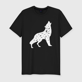 Мужская футболка хлопок Slim с принтом Созвездие волка   волк из звезд в Санкт-Петербурге, 92% хлопок, 8% лайкра | приталенный силуэт, круглый вырез ворота, длина до линии бедра, короткий рукав | 