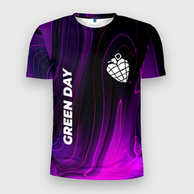 Мужская футболка 3D Slim с принтом Green Day violet plasma в Курске, 100% полиэстер с улучшенными характеристиками | приталенный силуэт, круглая горловина, широкие плечи, сужается к линии бедра | Тематика изображения на принте: 