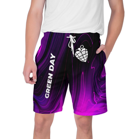 Мужские шорты 3D с принтом Green Day violet plasma в Екатеринбурге,  полиэстер 100% | прямой крой, два кармана без застежек по бокам. Мягкая трикотажная резинка на поясе, внутри которой широкие завязки. Длина чуть выше колен | Тематика изображения на принте: 