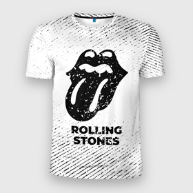 Мужская футболка 3D Slim с принтом Rolling Stones с потертостями на светлом фоне в Санкт-Петербурге, 100% полиэстер с улучшенными характеристиками | приталенный силуэт, круглая горловина, широкие плечи, сужается к линии бедра | 