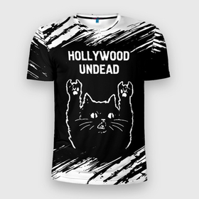 Мужская футболка 3D Slim с принтом Группа Hollywood Undead и рок кот в Екатеринбурге, 100% полиэстер с улучшенными характеристиками | приталенный силуэт, круглая горловина, широкие плечи, сужается к линии бедра | Тематика изображения на принте: 