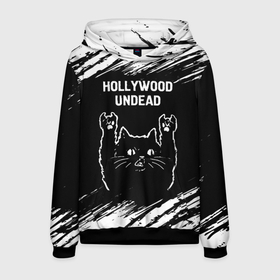 Мужская толстовка 3D с принтом Группа Hollywood Undead и рок кот в Екатеринбурге, 100% полиэстер | двухслойный капюшон со шнурком для регулировки, мягкие манжеты на рукавах и по низу толстовки, спереди карман-кенгуру с мягким внутренним слоем. | 