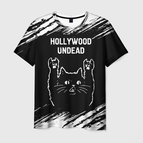 Мужская футболка 3D с принтом Группа Hollywood Undead и рок кот в Екатеринбурге, 100% полиэфир | прямой крой, круглый вырез горловины, длина до линии бедер | Тематика изображения на принте: 