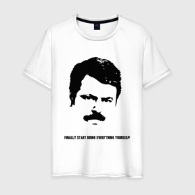 Мужская футболка хлопок с принтом Рон Свонсон в Санкт-Петербурге, 100% хлопок | прямой крой, круглый вырез горловины, длина до линии бедер, слегка спущенное плечо. | 