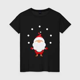 Женская футболка хлопок с принтом Дед Мороз жонглирует снежками в Екатеринбурге, 100% хлопок | прямой крой, круглый вырез горловины, длина до линии бедер, слегка спущенное плечо | 