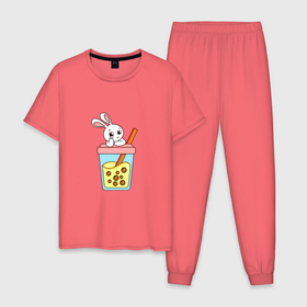 Мужская пижама хлопок с принтом Кролик с напитком в Новосибирске, 100% хлопок | брюки и футболка прямого кроя, без карманов, на брюках мягкая резинка на поясе и по низу штанин
 | 